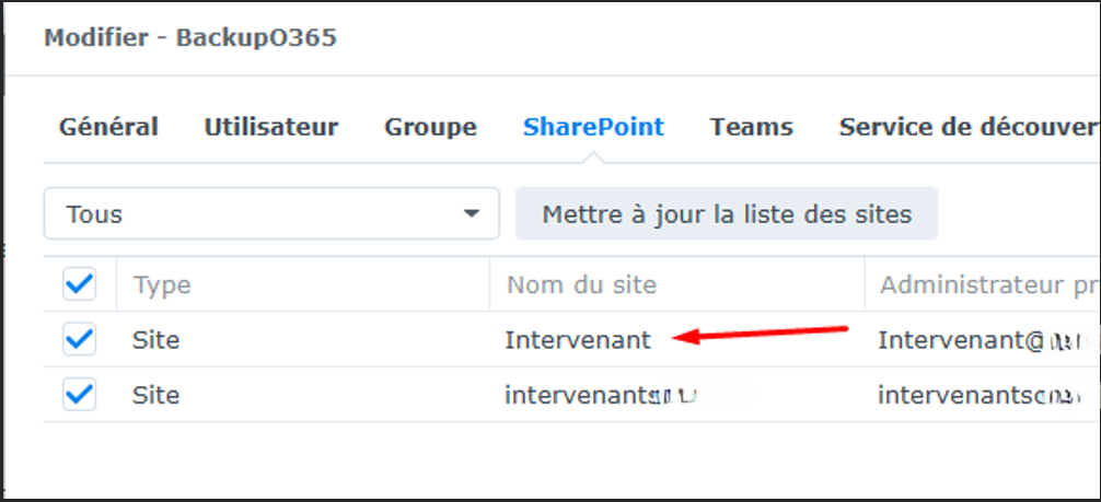 Paramètre SharePoint de la tâche BackupO365