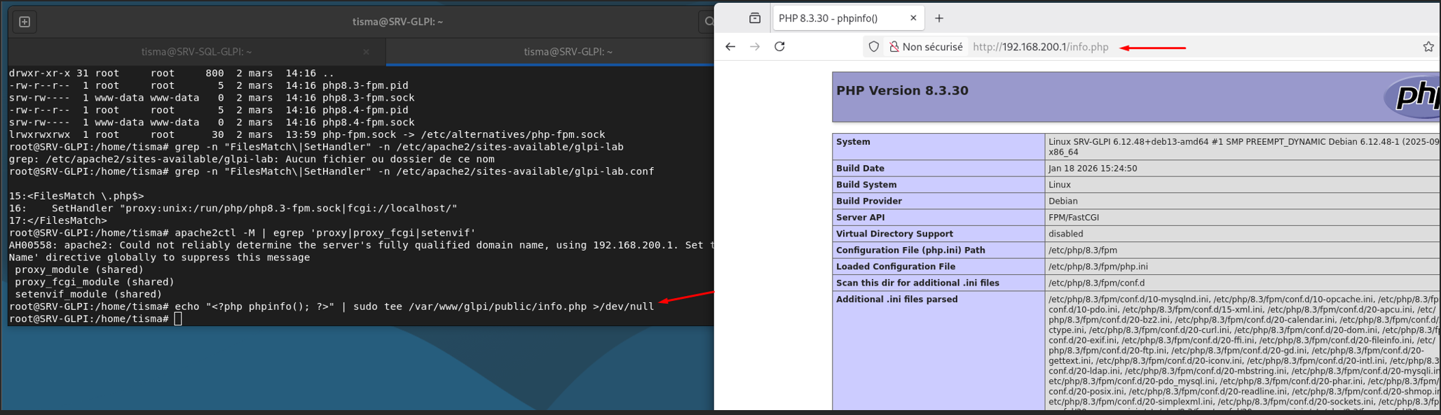Test phpinfo() affiché dans le navigateur via Apache