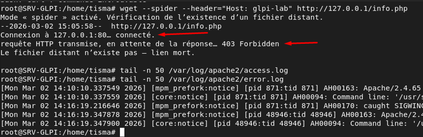 wget --spider retournant 403 Forbidden après suppression de info.php