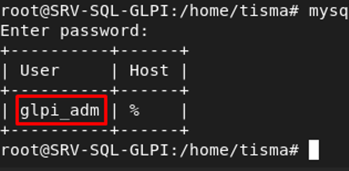 SELECT User Host montrant glpi_adm avec hôte %