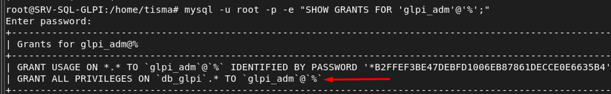 SHOW GRANTS FOR glpi_adm@% montrant GRANT ALL PRIVILEGES ON db_glpi