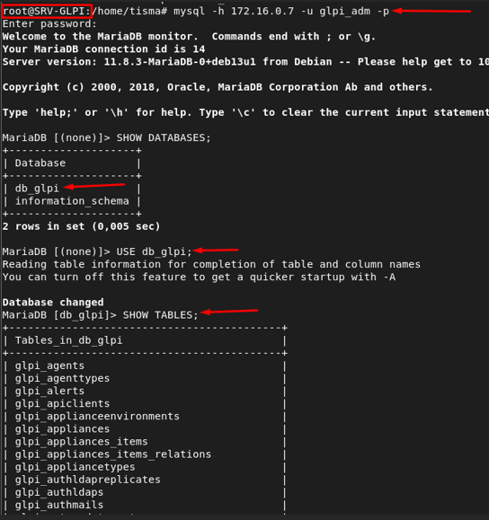 mysql -h 172.16.0.7 -u glpi_adm -p depuis le serveur GLPI