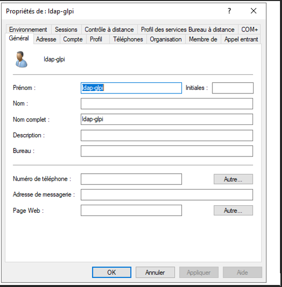 Propriétés du compte ldap-glpi dans Active Directory