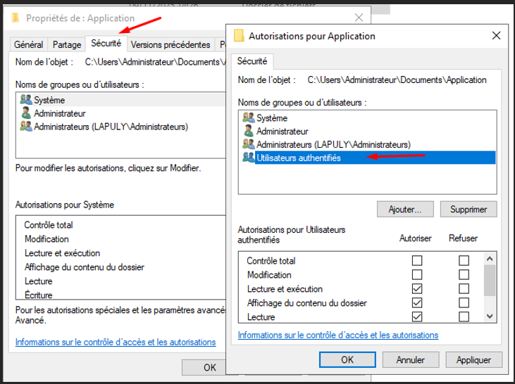 Permissions NTFS — Utilisateurs authentifiés en lecture et exécution
