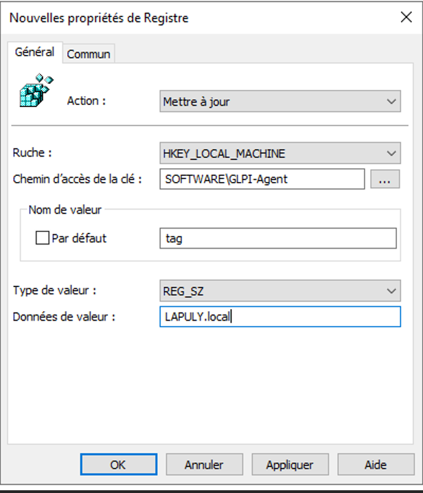 Propriété de registre SOFTWARE\GLPI-Agent — clé tag avec valeur LAPULY.local