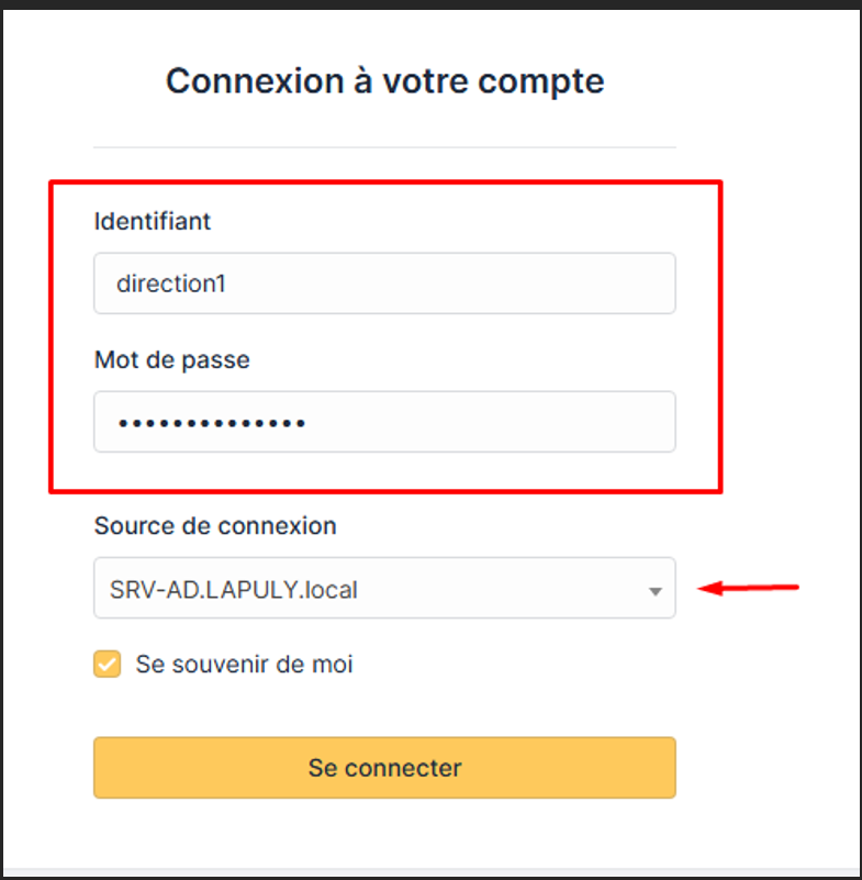 Page de connexion GLPI avec utilisateur direction1 via SRV-AD.LAPULY.local