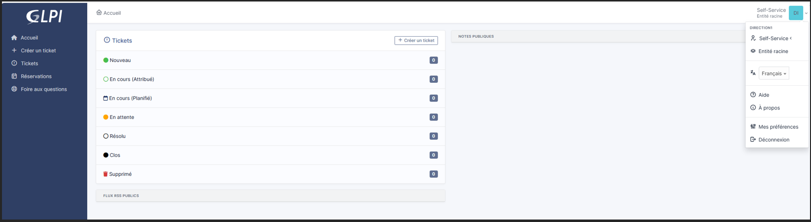 Tableau de bord GLPI après connexion réussie