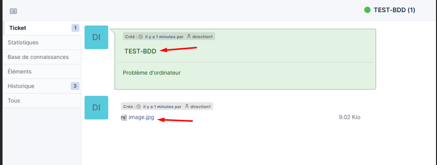 Ticket TEST-BDD créé dans GLPI avec pièce jointe