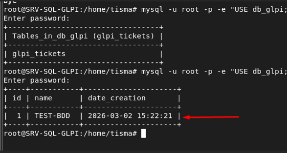 Requête MySQL sur glpi_tickets — ticket TEST-BDD présent