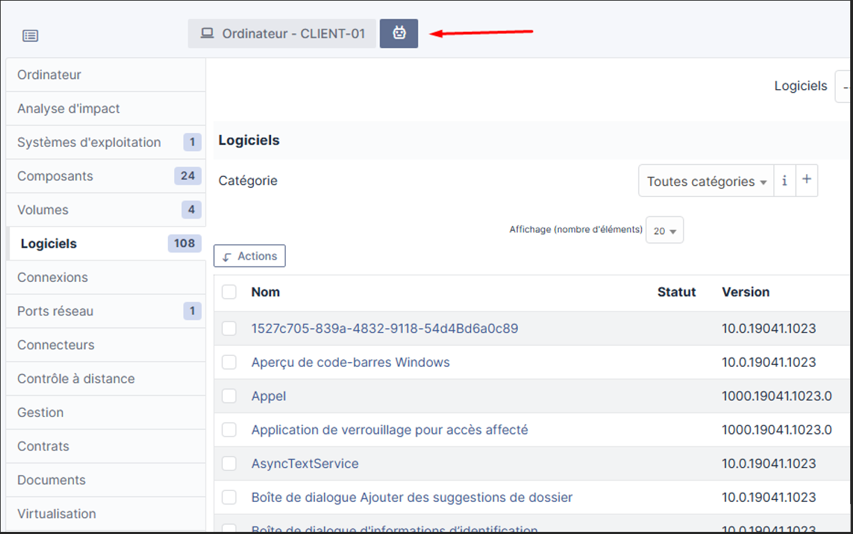 Interface GLPI — ordinateur CLIENT-01 avec inventaire logiciel
