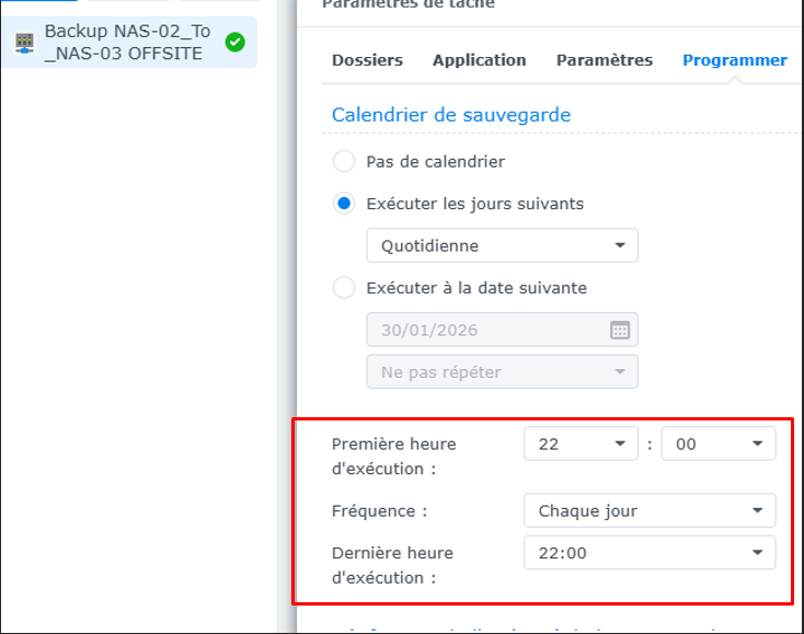 Paramétrage fréquence Hyper Backup