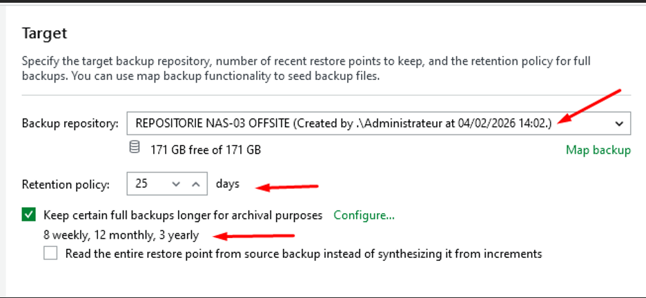 Paramètre de stockage Copy Backup