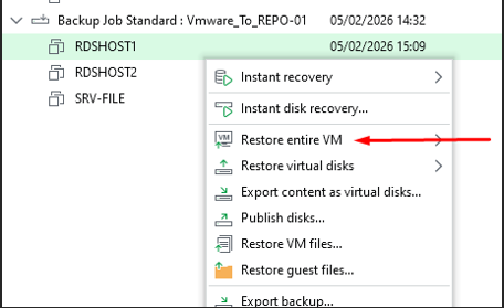 Sélection Restore entire VM dans Veeam