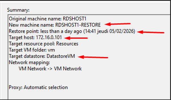 Résumé des paramètres de restauration