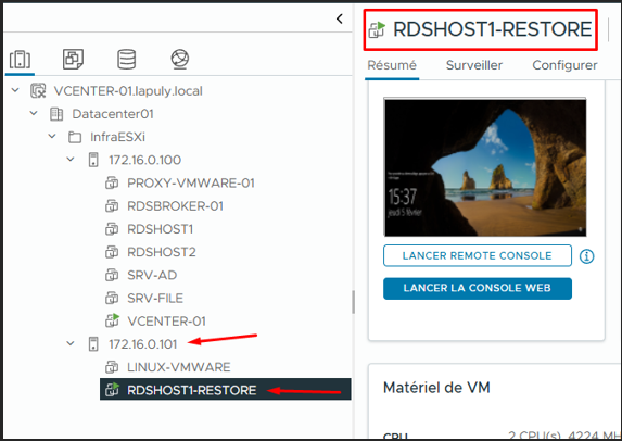 RDSHOST1-RESTORE sur ESXi 172.16.0.101