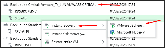 Sélection Instant Recovery VM dans Veeam