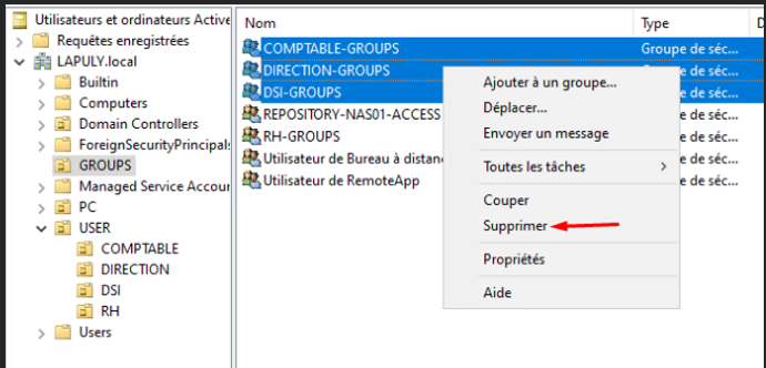 Suppression de groupes AD dans Active Directory
