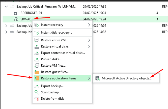 Menu Veeam — Restore application items → Microsoft Active Directory objects