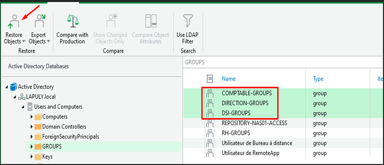Veeam Explorer for AD — groupes supprimés visibles dans l'arborescence