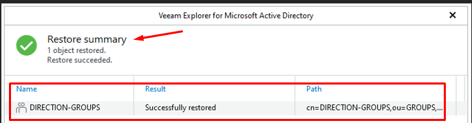Restore summary — 1 object restored, DIRECTION-GROUPS Successfully restored