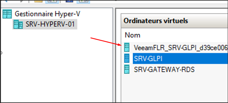 Gestionnaire Hyper-V — VeeamFLR_SRV-GLPI créée
