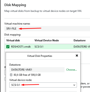 Disk Mapping — SRV-FILE cible, SCSI 0:1, DATASTORE-VM01
