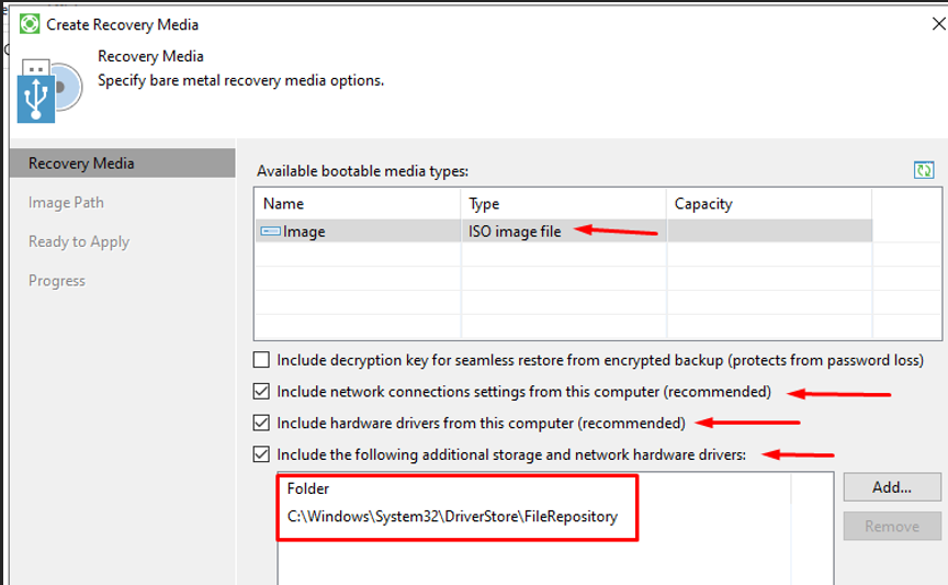 Create Recovery Media — ISO image file, options réseau et pilotes