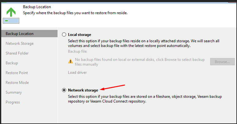 Backup Location — Network storage sélectionné